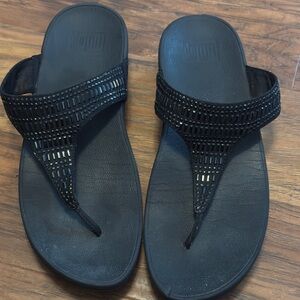 Fitflop Black Studded Thong Skinny Wedge Sparkling Sandals Woman's  Sz11